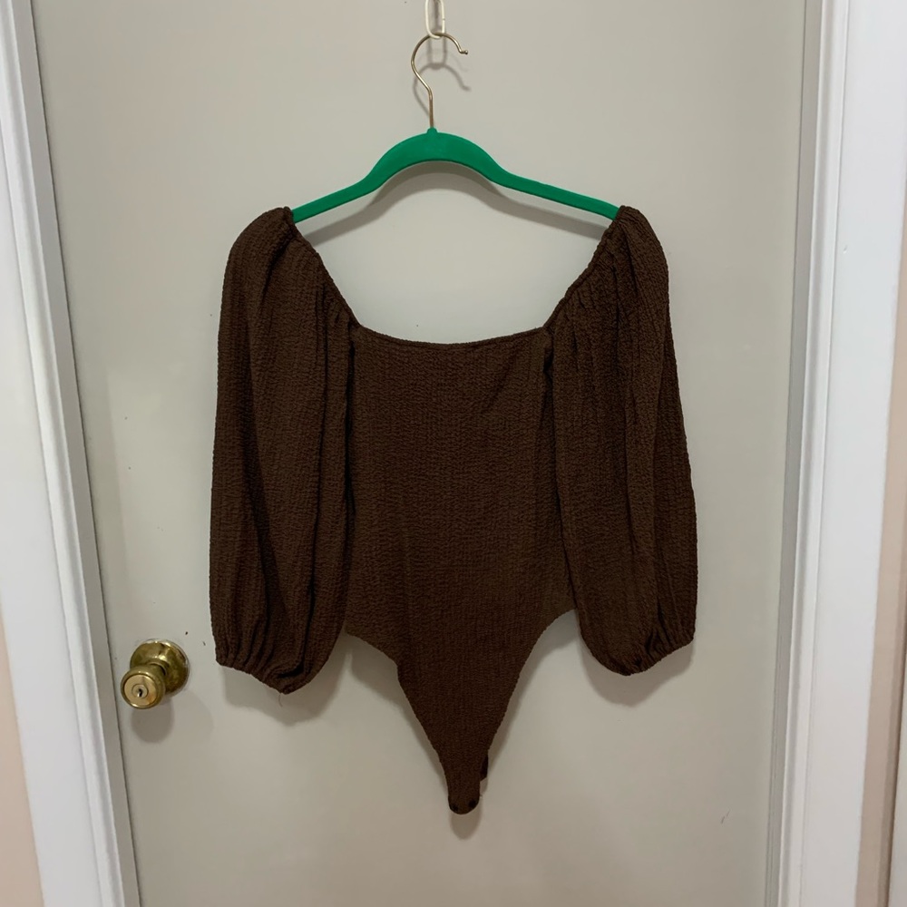 Zara Chocolate Brown Textured Off-Shoulder Bodysuit